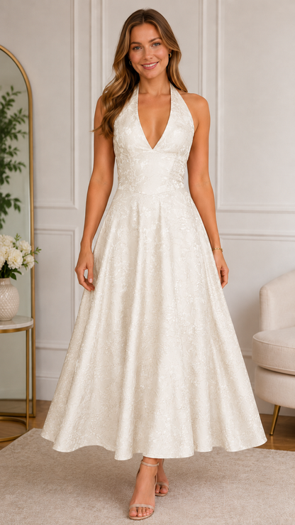 Front view of ivory halter floral textured midi dress with plunging neckline