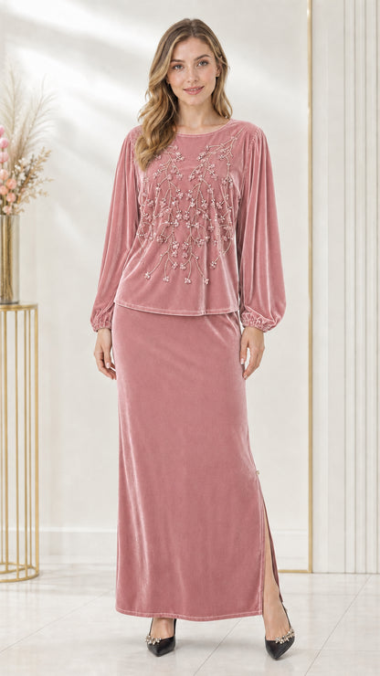 Full-length front view of dusty pink beaded velvet two-piece maxi skirt set