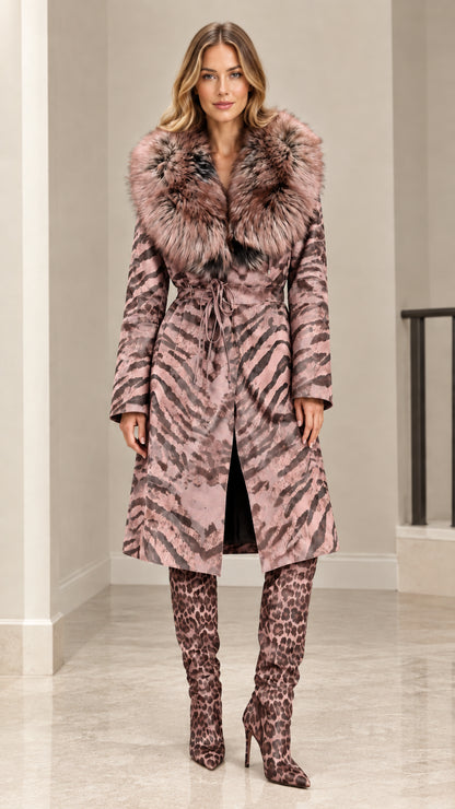 Model wearing Dusty Rose pink tiger print belted coat with matching faux fur collar