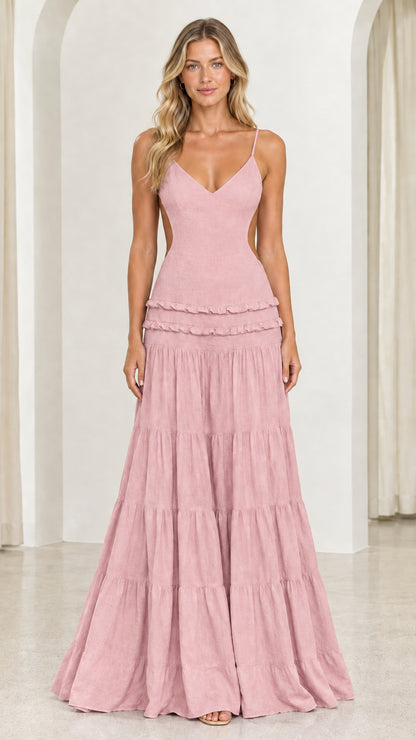Front view of model wearing Dusty Pink backless tiered maxi dress