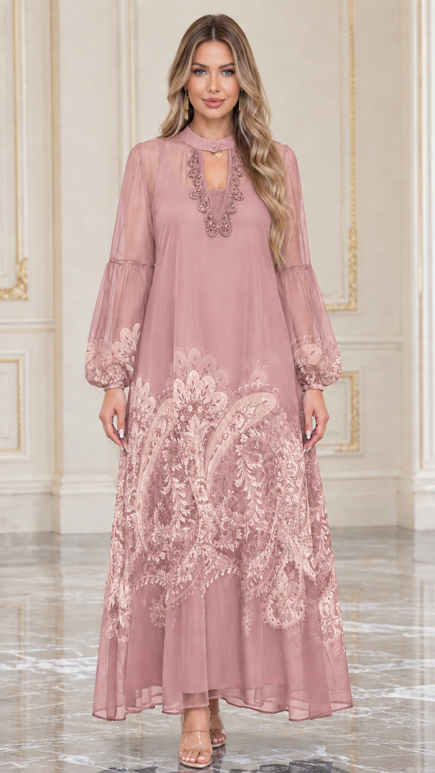 Front full view of dusty rose sheer sleeve paisley maxi dress