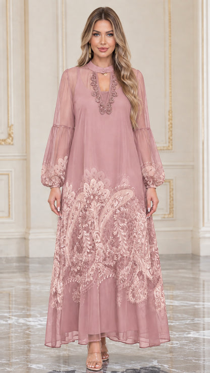 Front full view of dusty rose sheer sleeve paisley maxi dress