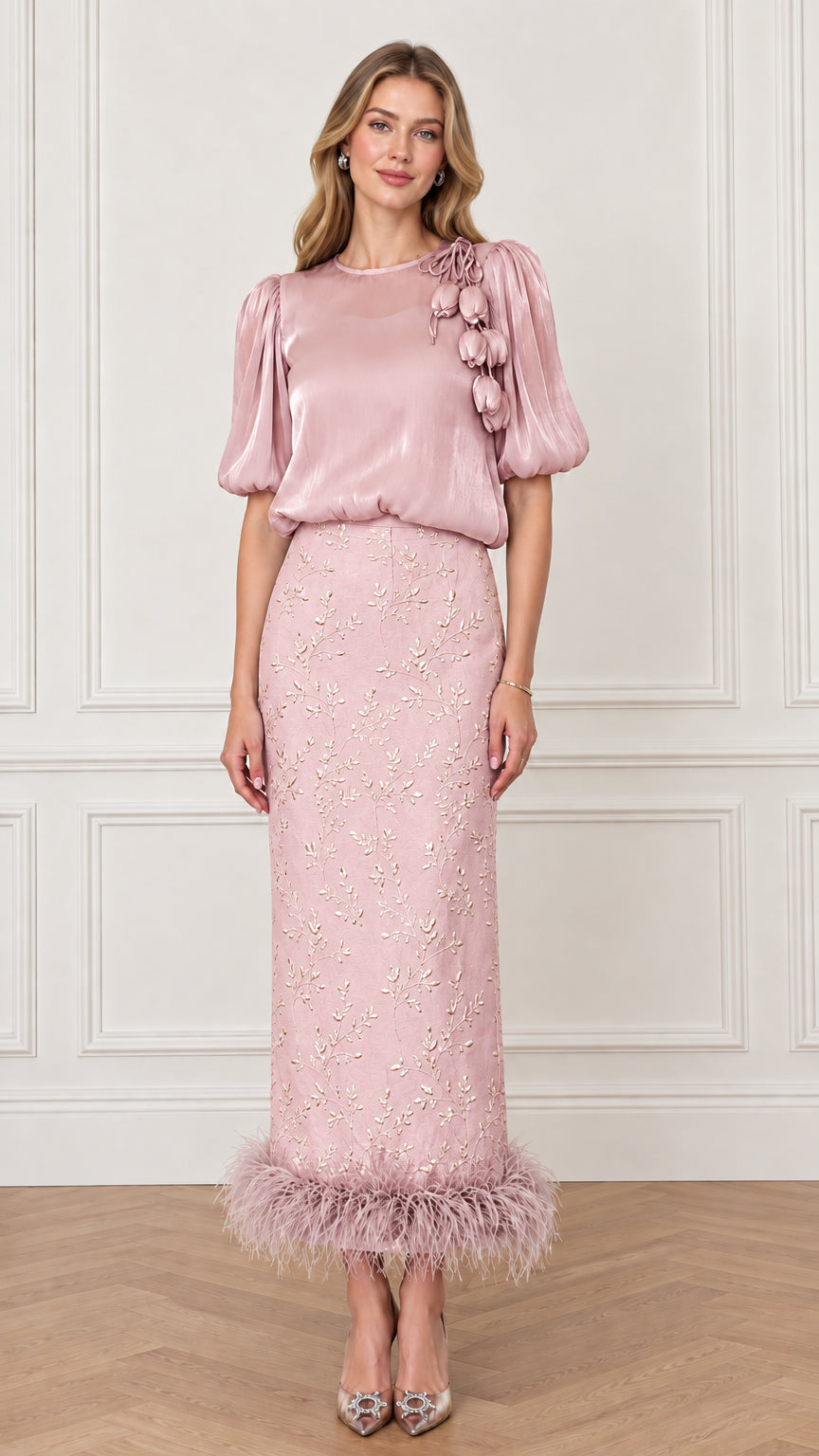 Model wearing Blush Pink puff sleeve evening top and embroidered feather hem maxi skirt