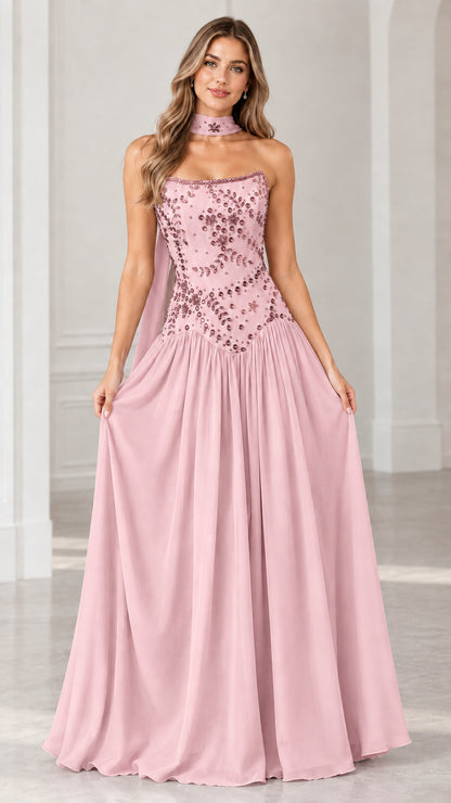 Dusty pink strapless beaded formal gown with matching scarf