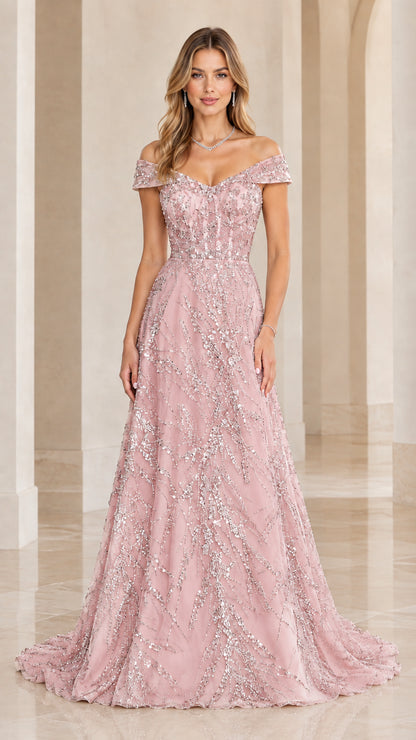 Front view of dusty rose pink off-the-shoulder beaded tulle formal dress