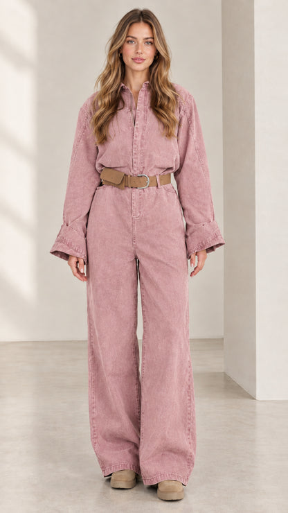 Front view of women's dusty pink long sleeve wide leg utility jumpsuit