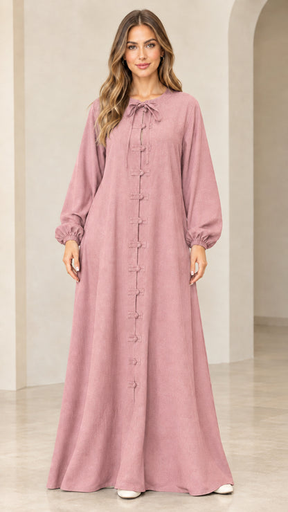 Dusty pink long sleeve tie neck maxi dress