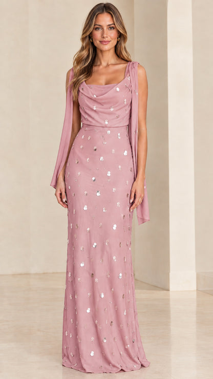 Dusty pink sequined cowl neck floor-length bridesmaid gown