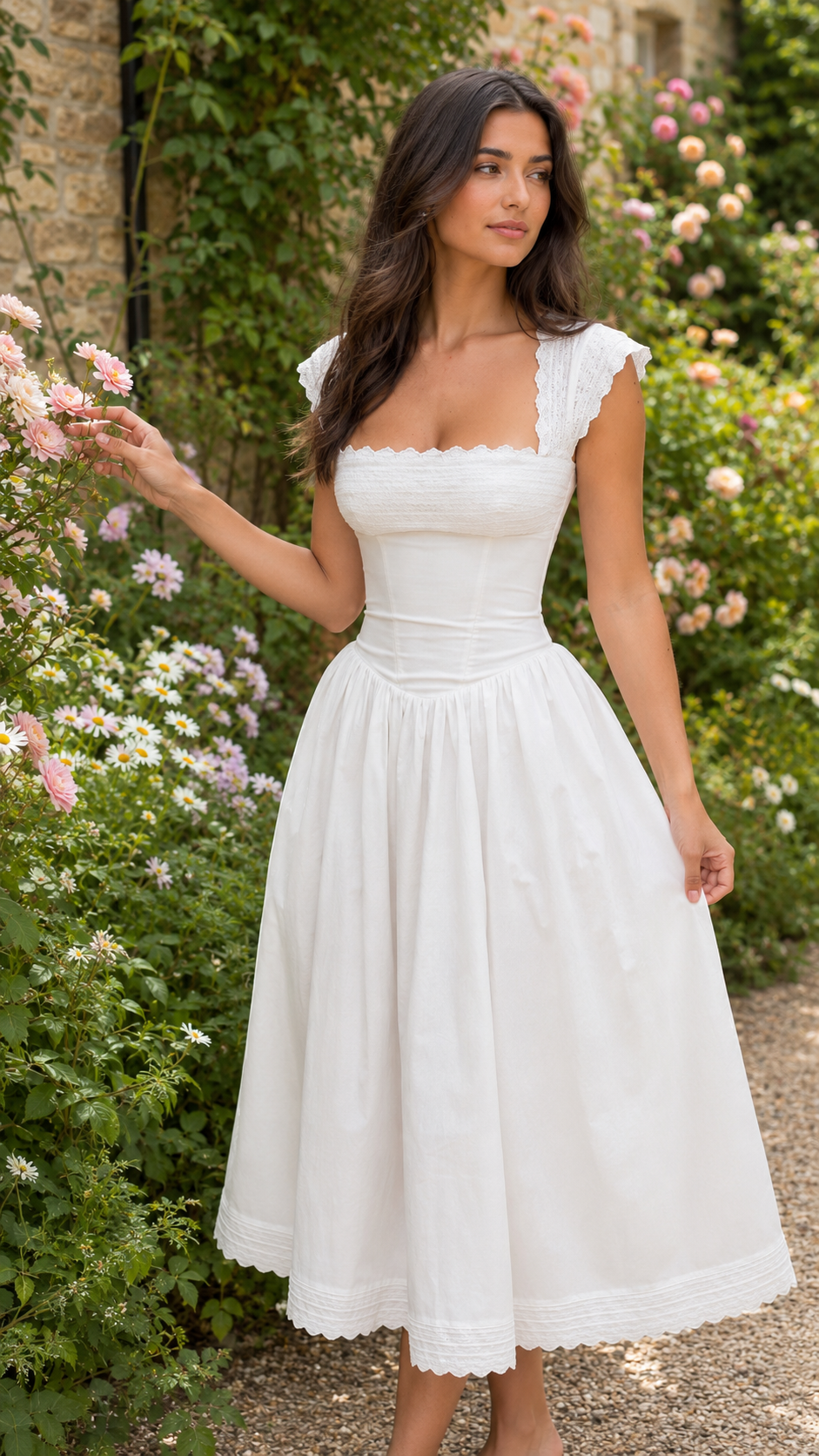 Three-quarter view of white scalloped square neck midi dress in garden setting