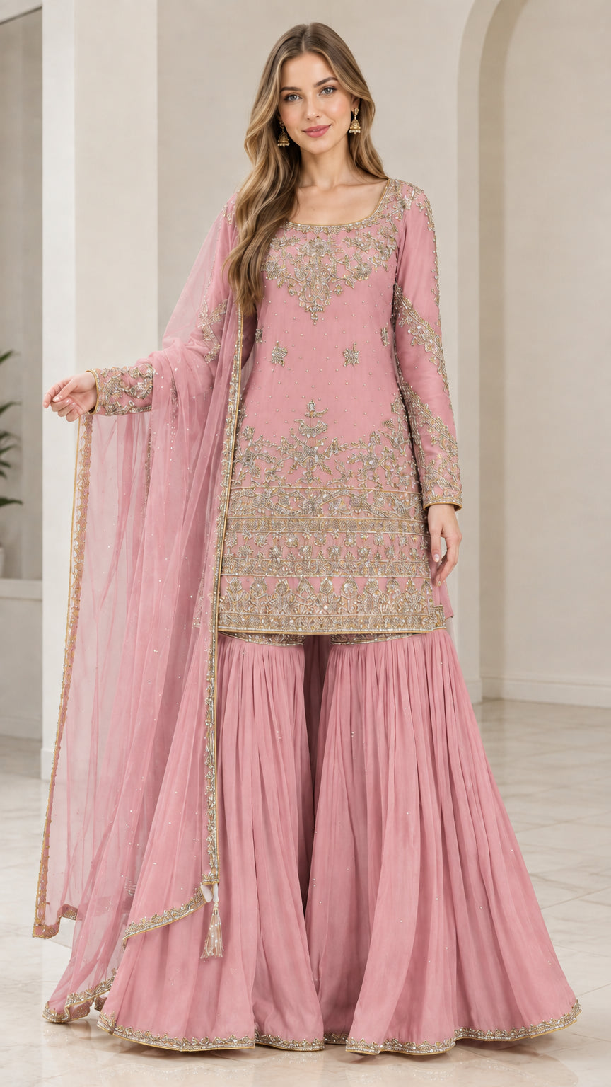Full-length view of woman wearing Blush Pink embroidered sharara suit set with dupatta