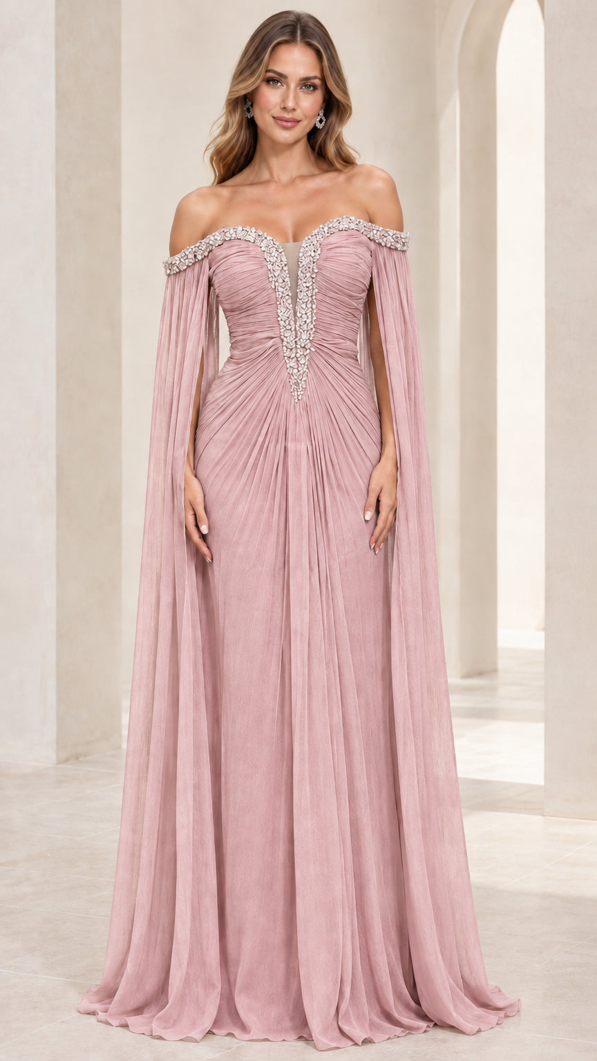 Dusty Rose pleated off-the-shoulder evening gown with cape drape