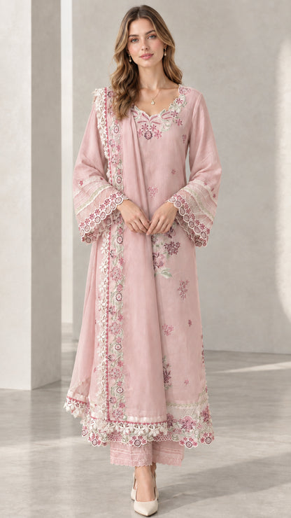 Full front view of model wearing Blush Pink floral embroidered 3-piece kurta set