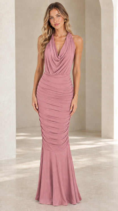 Front view of dusty rose cowl neck ruched halter floor length dress