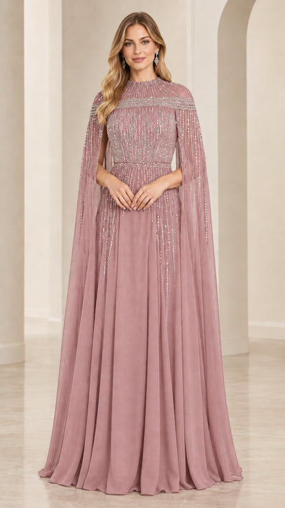 Dusty rose beaded cape sleeve maxi evening dress