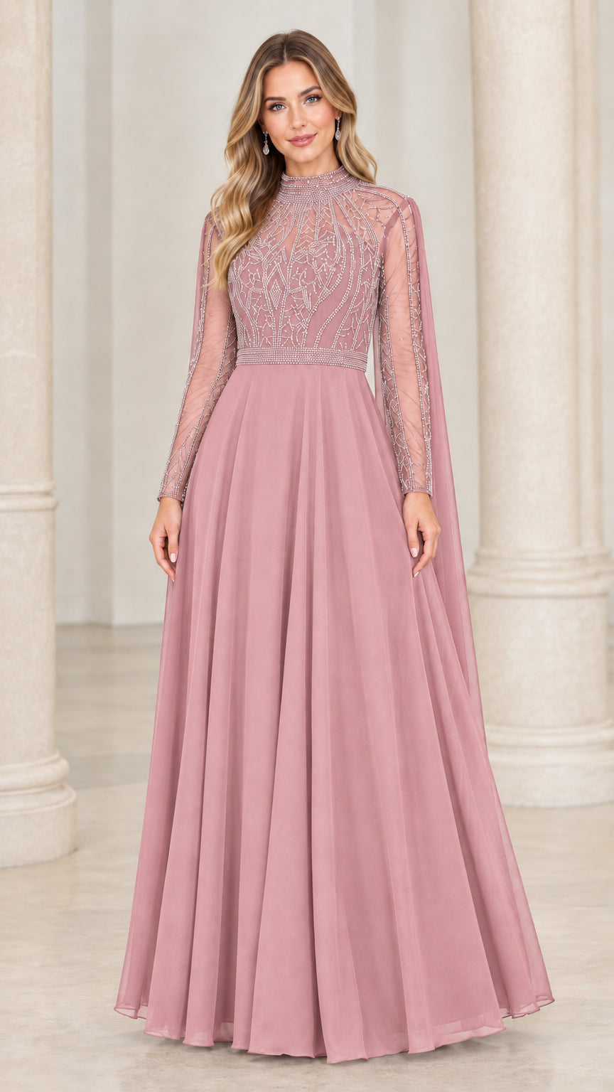 Front full-length view of dusty rose pink beaded high-neck formal evening gown