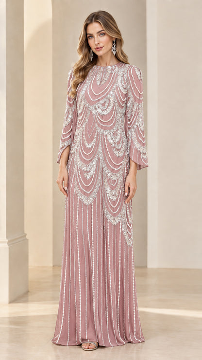 Front full-length view of dusty rose sequin embellished maxi evening gown