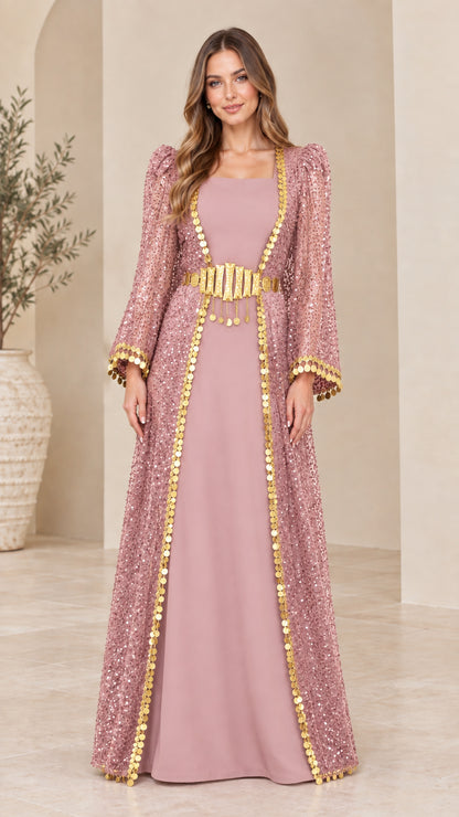 Dusty pink sequin kaftan maxi dress with gold coin trim