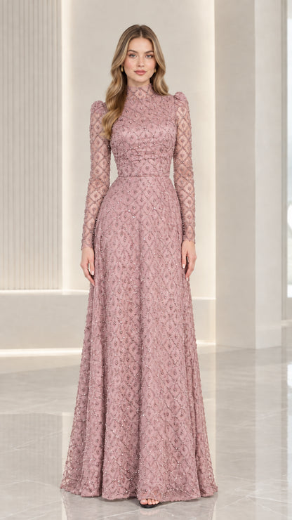 Front view of model wearing dusty pink high neck beaded long sleeve evening gown