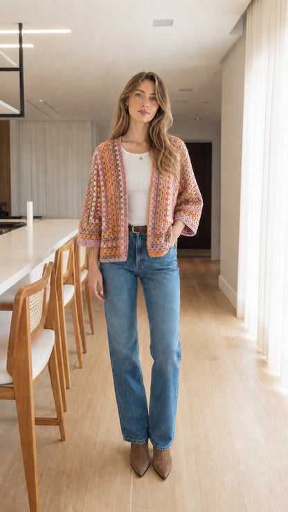 Woman wearing Pink Multi pastel crochet knit open front cardigan