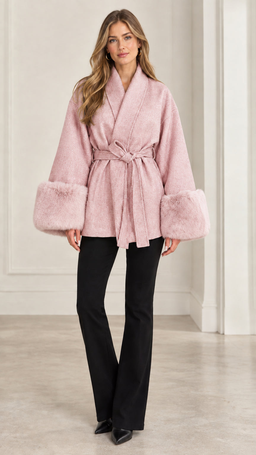 Front view of model wearing blush pink faux fur cuff wrap coat