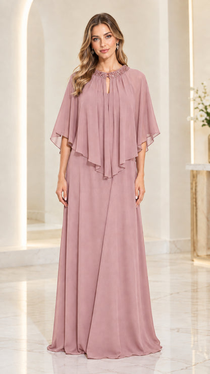 Front view of dusty rose pink chiffon capelet maxi dress
