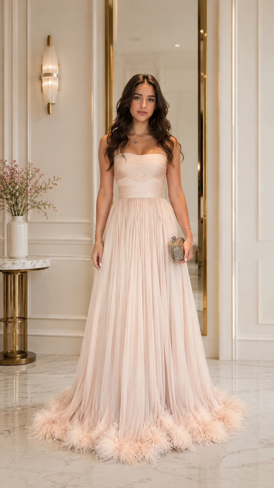 Front view of blush strapless formal gown with soft pleats and feather-trimmed hem