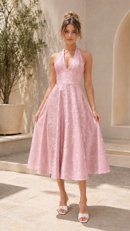 Front view of blush pink halter midi A-line dress with textured finish