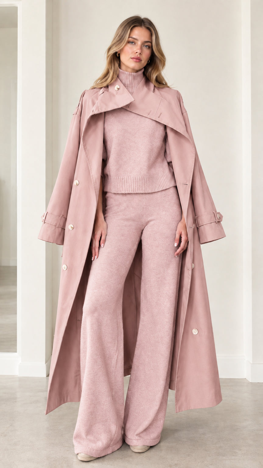 Full-length front view of dusty pink cape-collar maxi trench coat