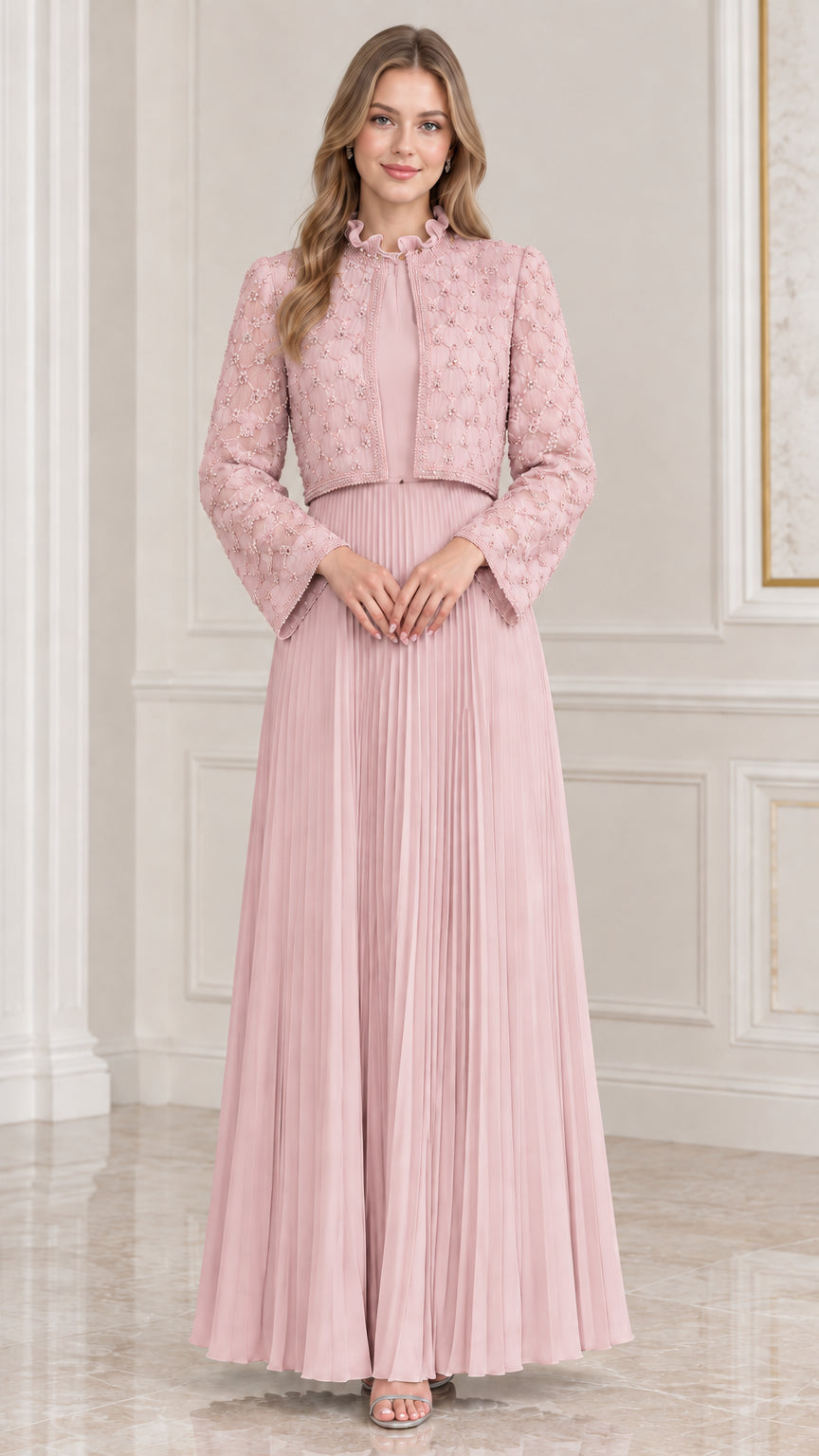 Blush pink pleated maxi dress set with matching long sleeve beaded lace jacket