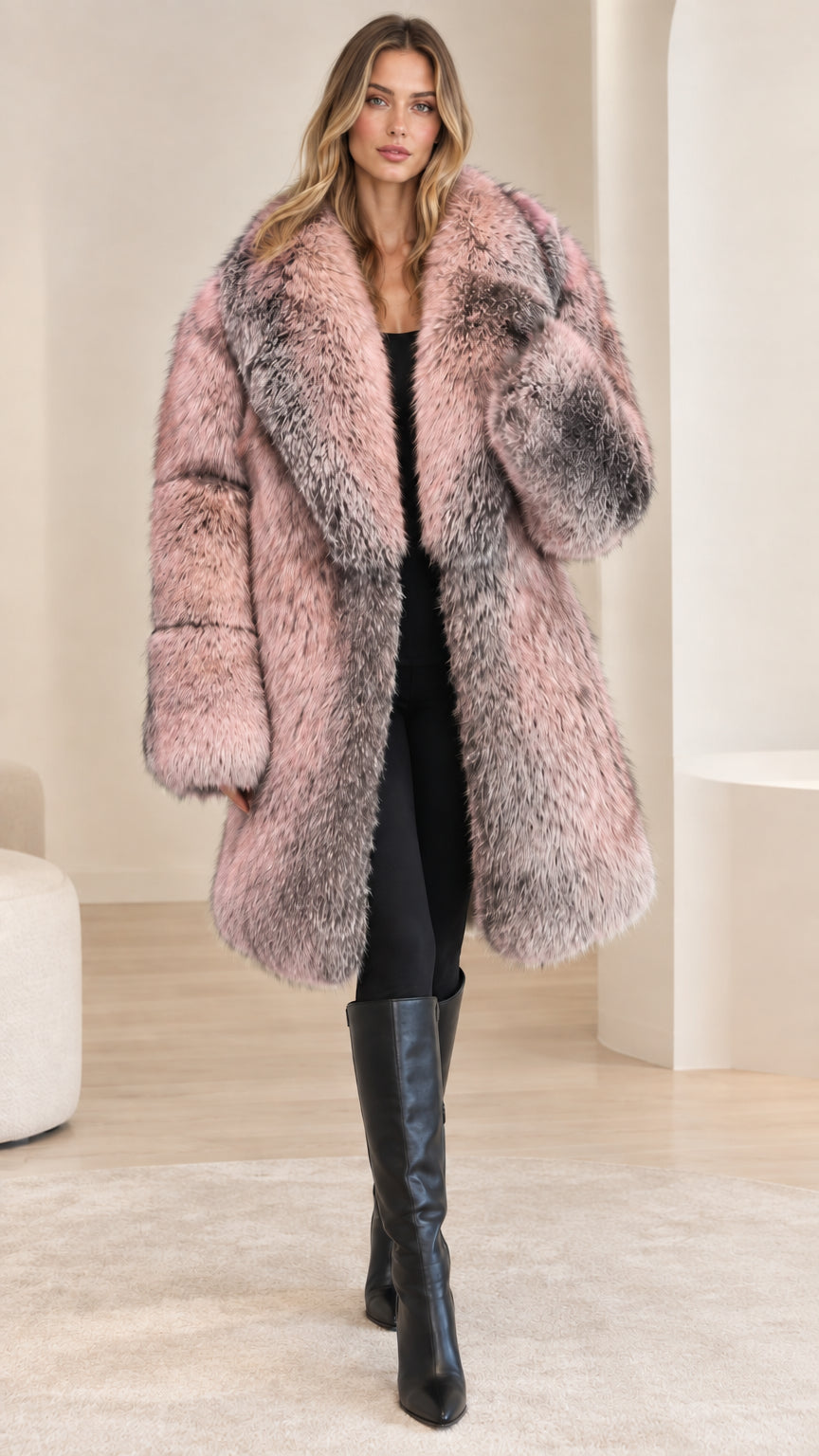 Front view of a blush pink plush faux-fur-look women's coat
