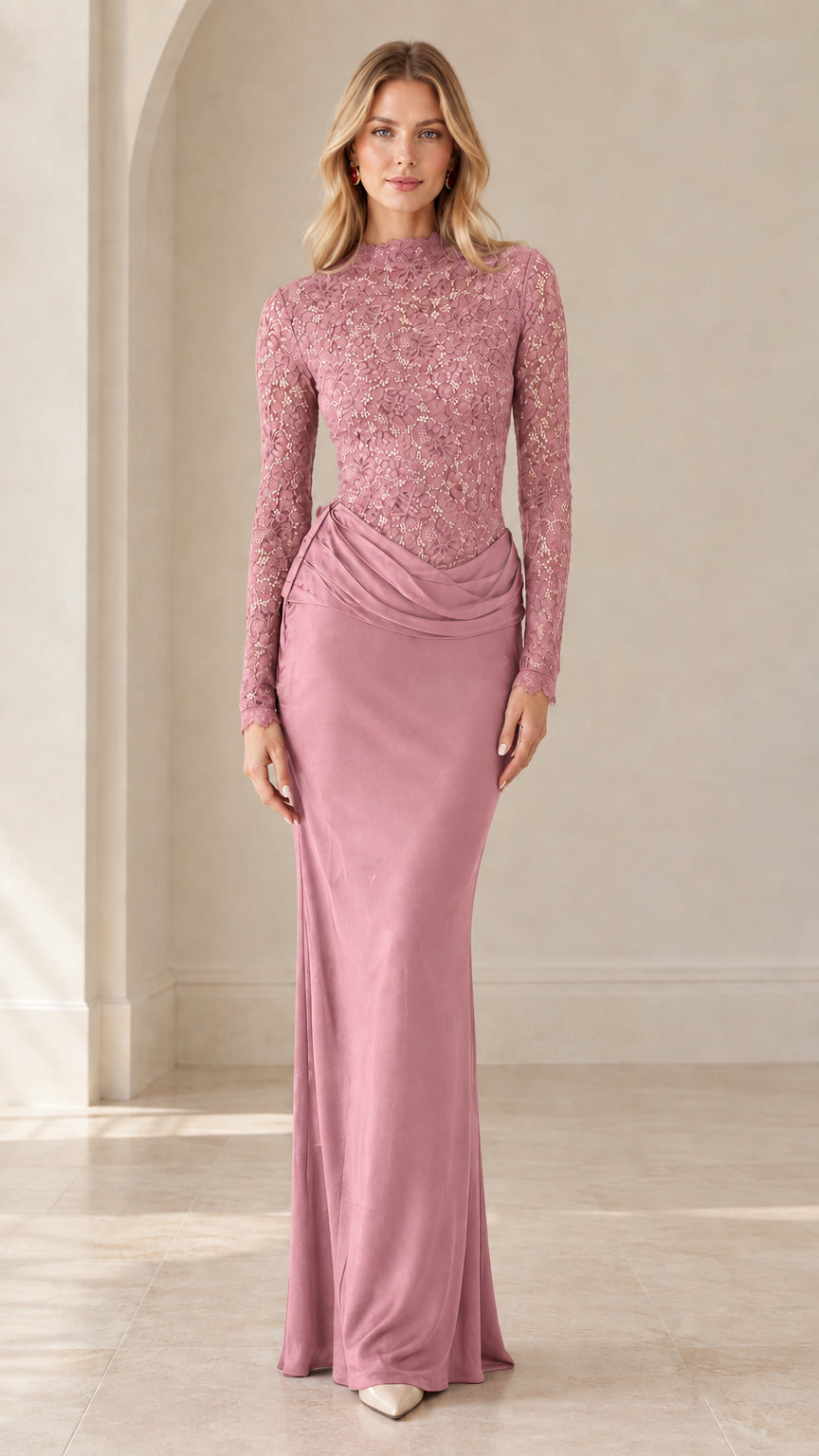 Dusty rose pink mock neck lace long sleeve draped evening dress