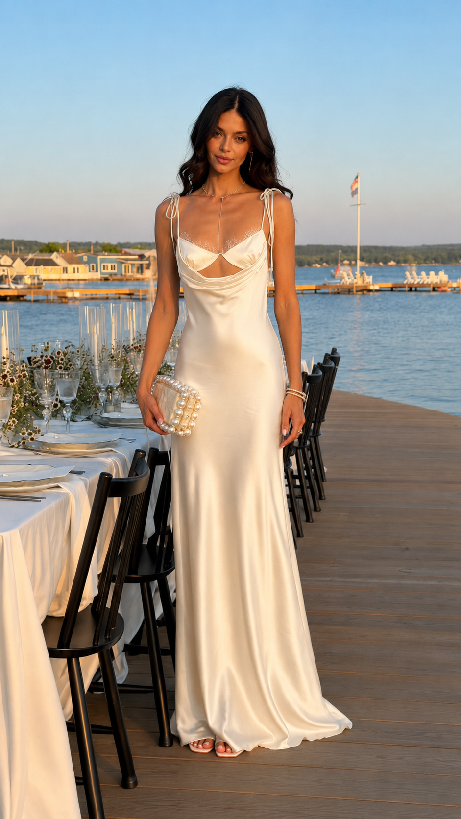 Front view of ivory satin-look maxi dress with cowl neckline and cutout detail