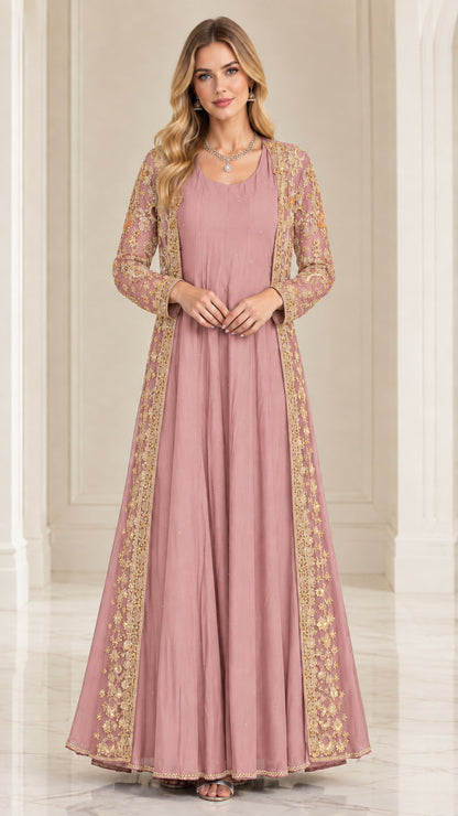 Dusty rose pink maxi dress set with ornate gold metallic embroidered long jacket