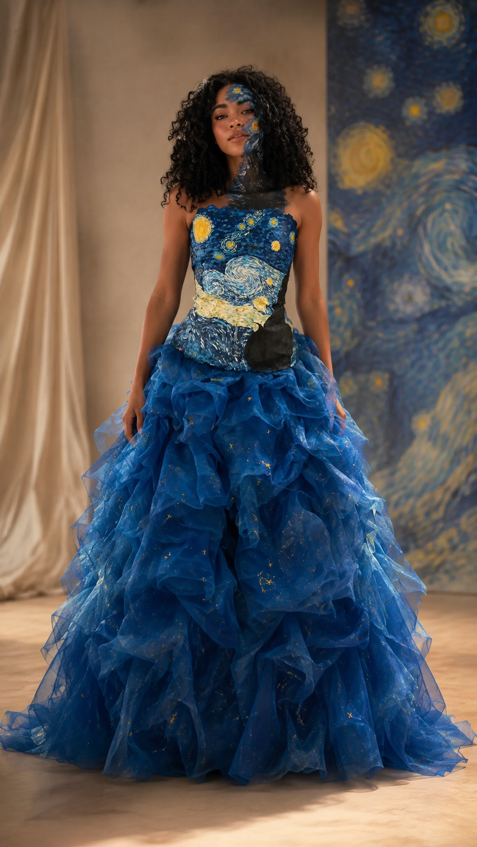 Royal blue strapless ball gown with fitted bodice and floor-length ruffle skirt front view