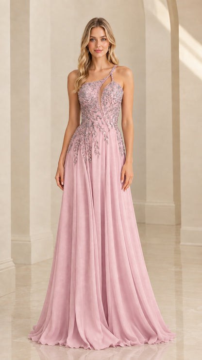 Blush pink one-shoulder embellished A-line evening dress front view