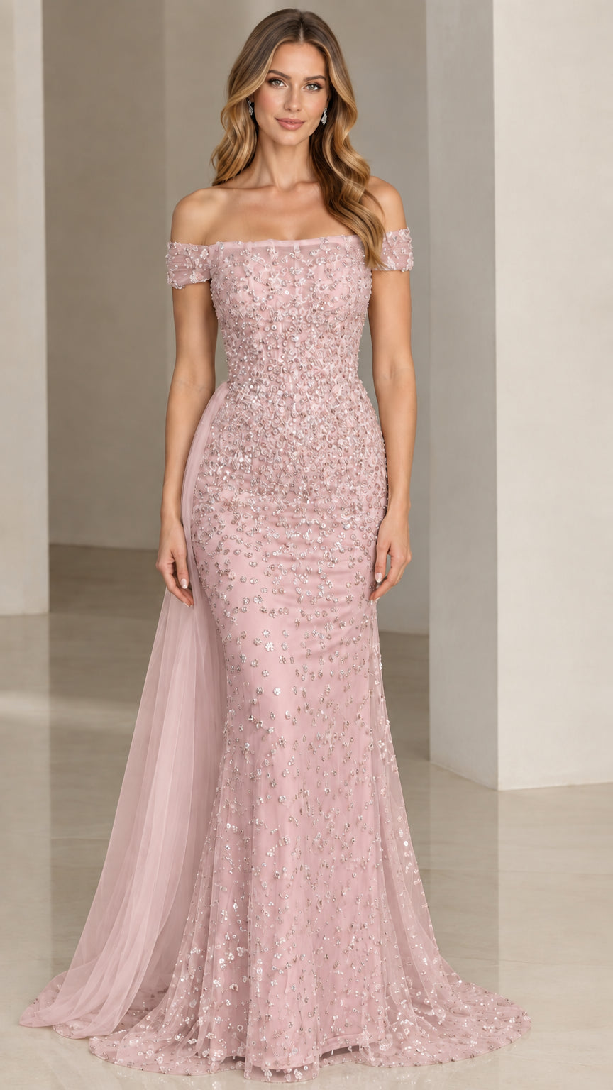 Full-length blush pink off-the-shoulder beaded evening gown with sweep tulle train