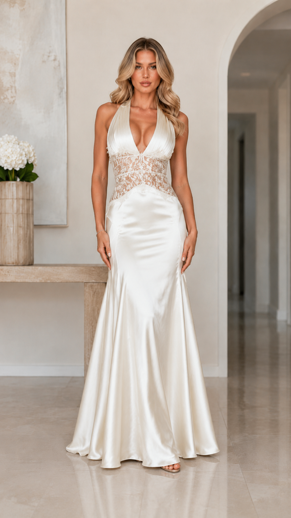Front view of ivory halter maxi evening dress with lace waist detail