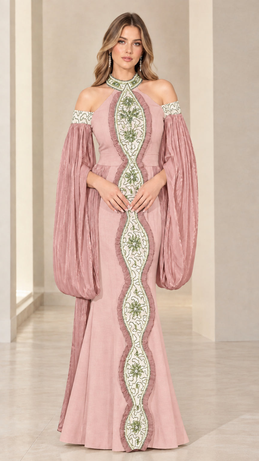 Dusty rose cold-shoulder evening gown with matching embroidered center detail