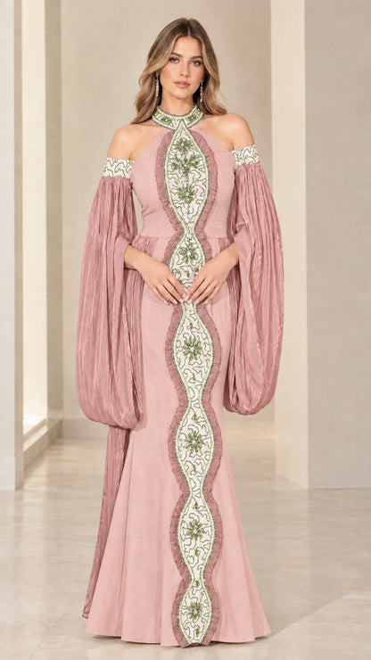 Dusty rose cold-shoulder evening gown with matching embroidered center detail