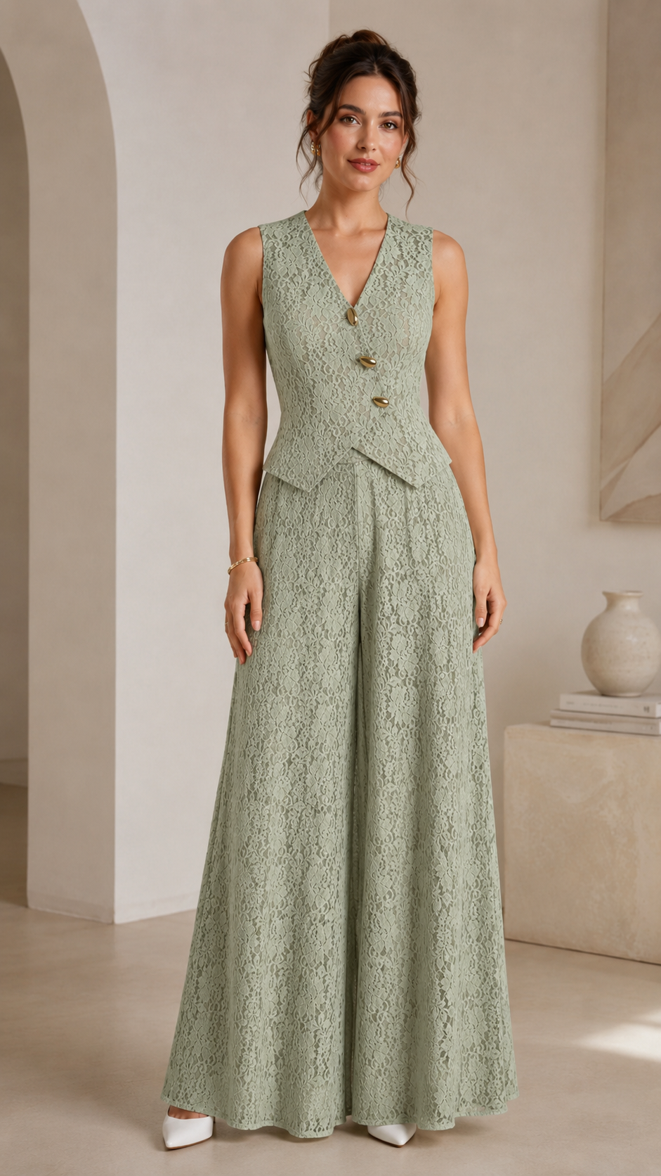 Sage green sleeveless lace wide leg jumpsuit with full-length flowy legs