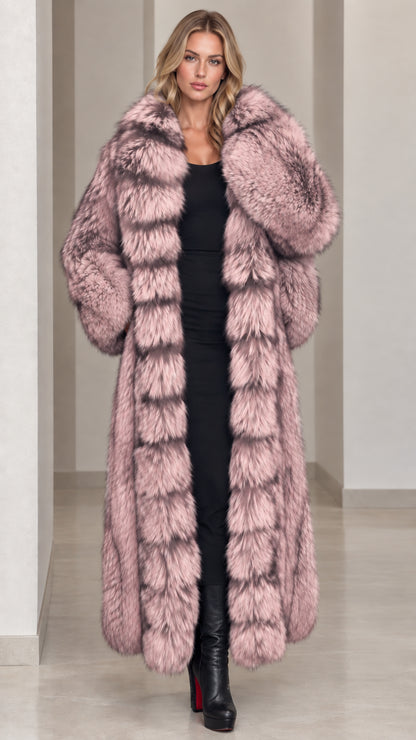 Full-length dusty pink tipped faux fur maxi coat
