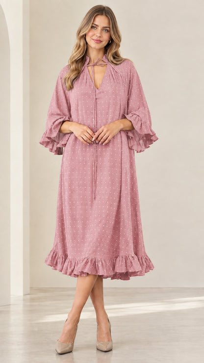 Mauve pink sparkle tie-neck midi dress with tiered ruffle details