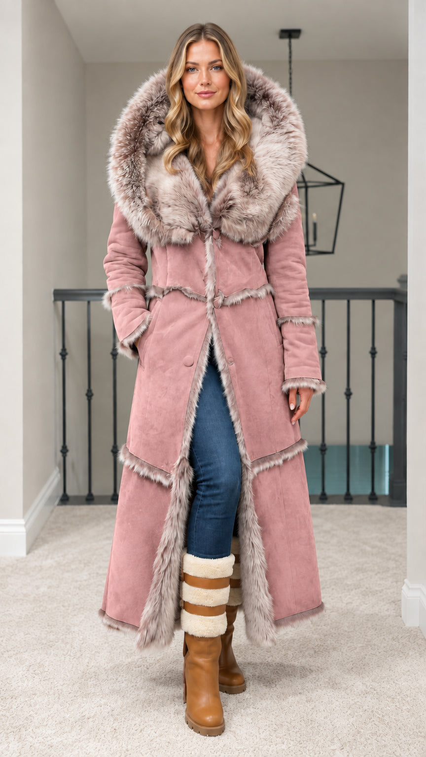 Full length dusty pink hooded faux suede maxi coat with faux fur trim
