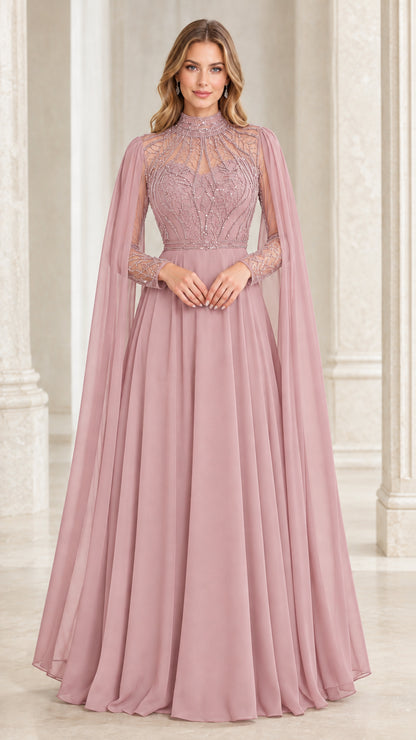 Front view of dusty rose cape sleeve beaded evening gown
