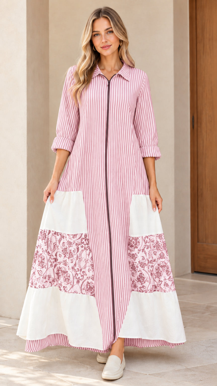 Front view of women's pink striped zip-front maxi dress with floral patchwork