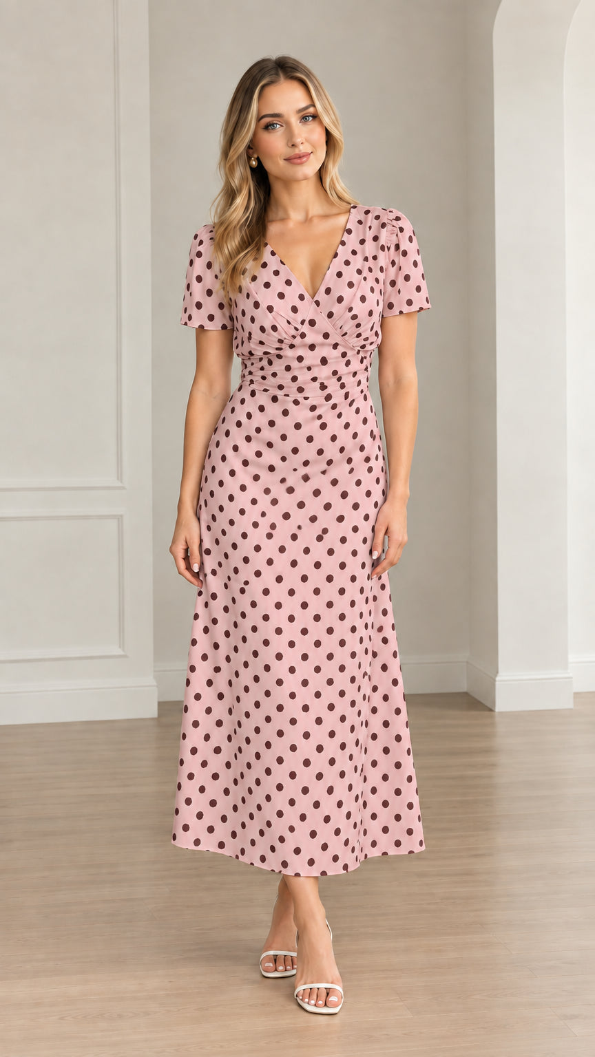 Front view of woman wearing blush pink polka dot short sleeve midi dress