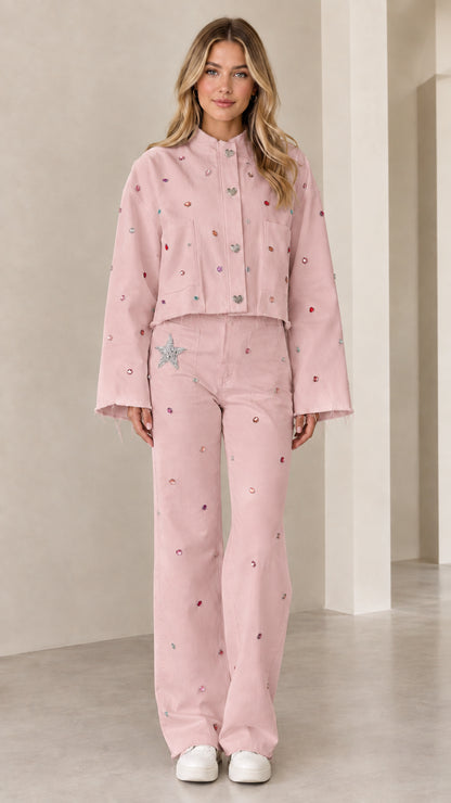 Full front view of baby pink rhinestone cropped jacket and matching pant set