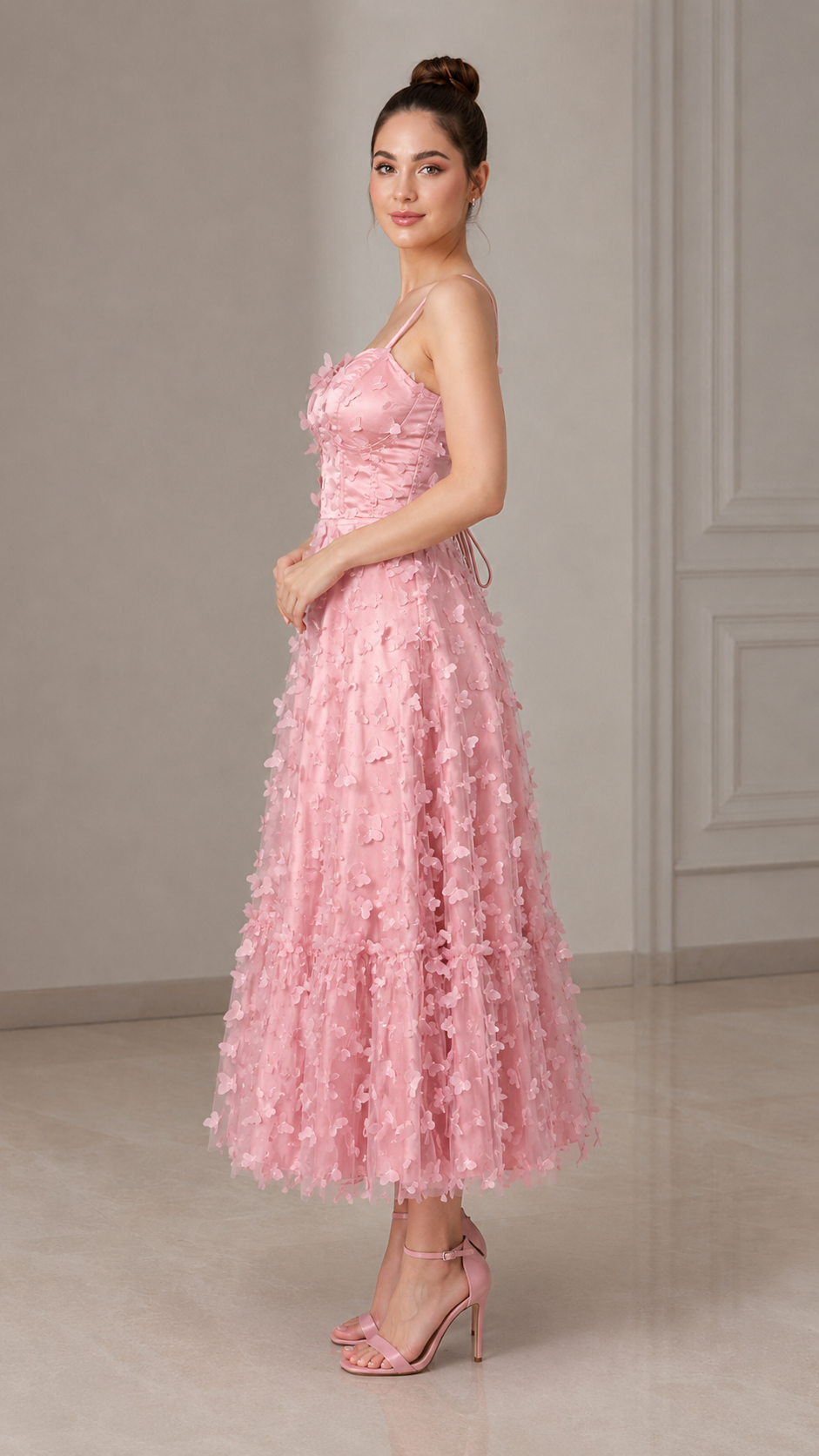 Blush pink 3D floral midi dress side view