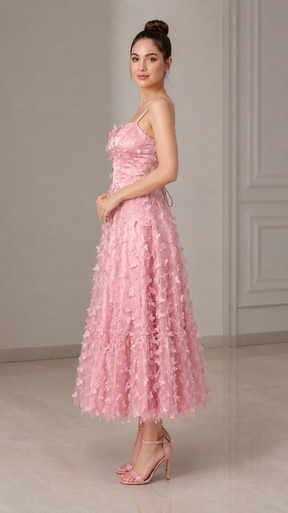 Blush pink 3D floral midi dress side view