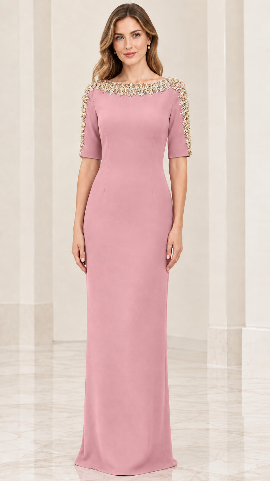 Front full-length view of model wearing dusty rose embellished half sleeve formal maxi dress